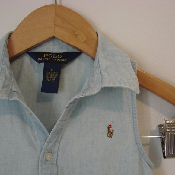 Polo Ralph Lauren Girls Chambray Denim Dress Pony Sleeveless Collar Cotton Siz 6 - Picture 5 of 14